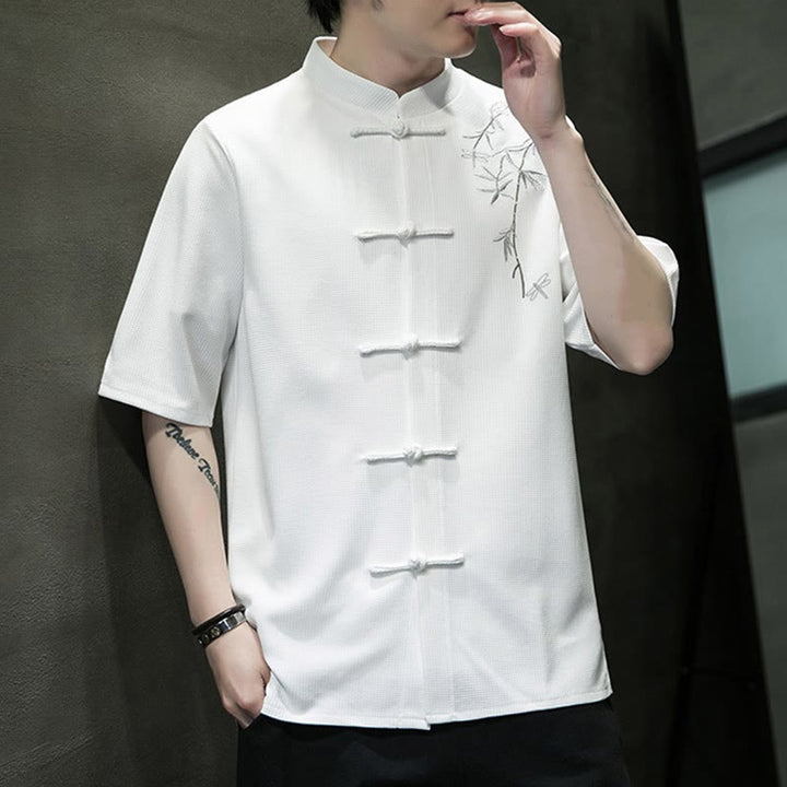 Buddha Stones Camisa de manga corta para hombre con bordado de libélula, hoja y botón de rana - image 4