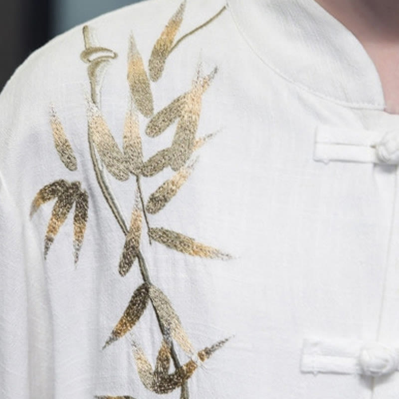 Camisa de manga larga con hojas de bambú y botones chinos estilo Tang de Buddha Stones, chaqueta de hombre de algodón y lino - image 4