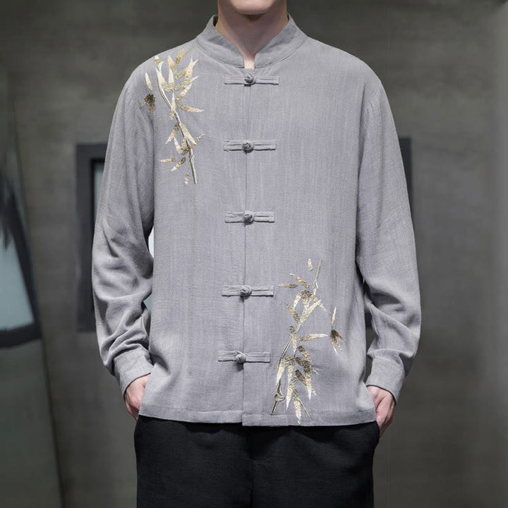 Camisa de manga larga con hojas de bambú y botones chinos estilo Tang de Buddha Stones, chaqueta de hombre de algodón y lino - Gris claro - US/UK/AU46, EU56 (5XL)  - image 11