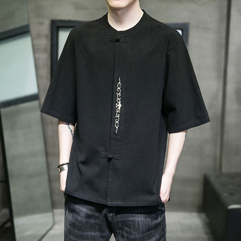 Camisa de algodón para hombre de media manga con botones de rana y bordado en color liso de Buddha Stones - image 16