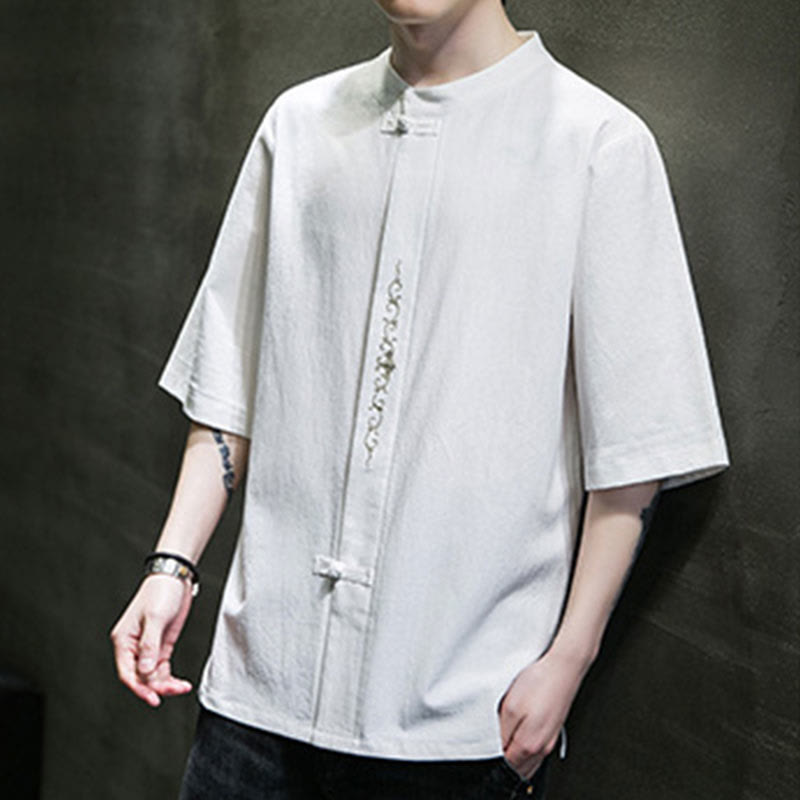 Camisa de algodón para hombre de media manga con botones de rana y bordado en color liso de Buddha Stones - image 20