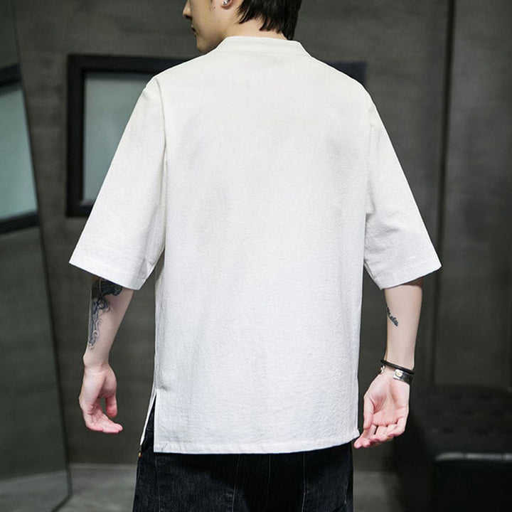 Camisa de algodón para hombre de media manga con botones de rana y bordado en color liso de Buddha Stones - image 18