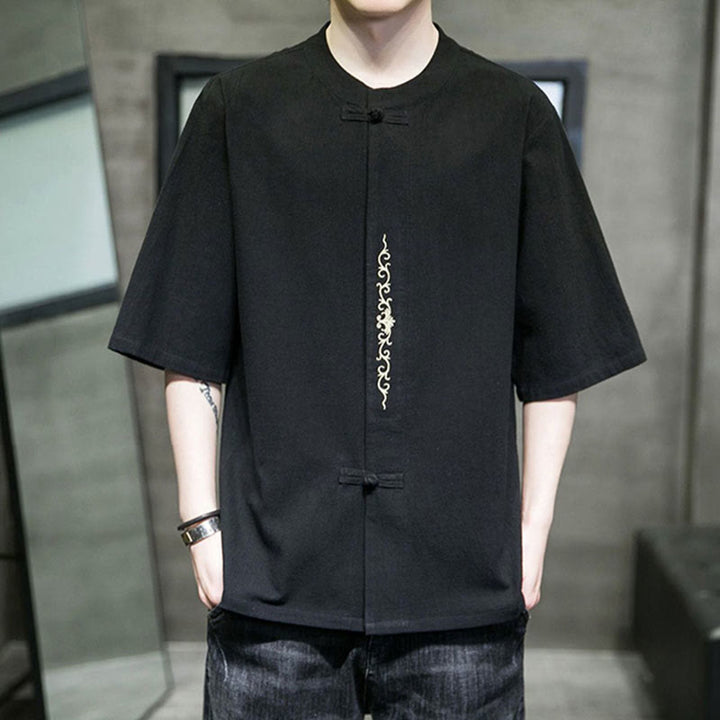 Camisa de algodón para hombre de media manga con botones de rana y bordado en color liso de Buddha Stones - Negro - US/UK/AU46, EU56 (5XL) - image 8