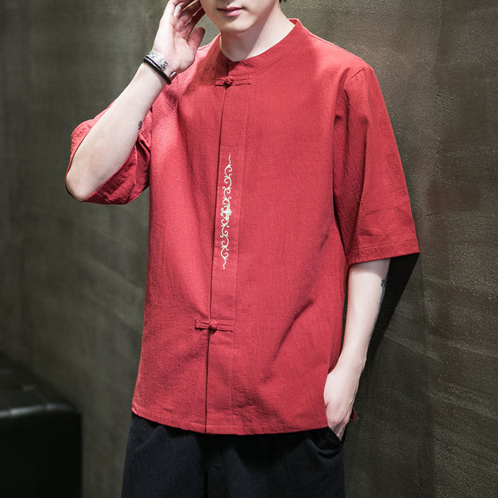 Camisa de algodón para hombre de media manga con botones de rana y bordado en color liso de Buddha Stones - Tomate - US/UK/AU46, EU56 (5XL) - image 27