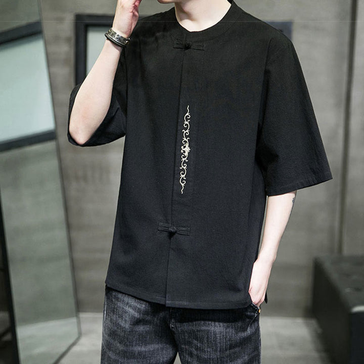 Camisa de algodón para hombre de media manga con botones de rana y bordado en color liso de Buddha Stones - image 12