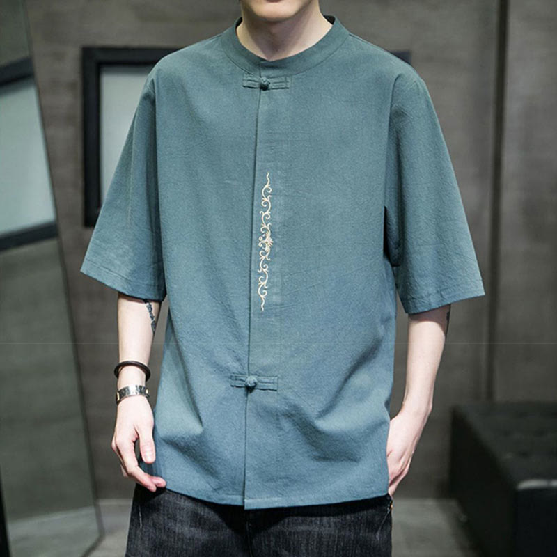 Camisa de algodón para hombre de media manga con botones de rana y bordado en color liso de Buddha Stones - image 6