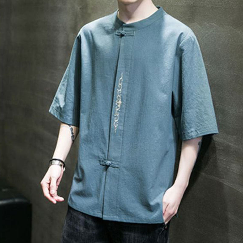 Camisa de algodón para hombre de media manga con botones de rana y bordado en color liso de Buddha Stones - image 2