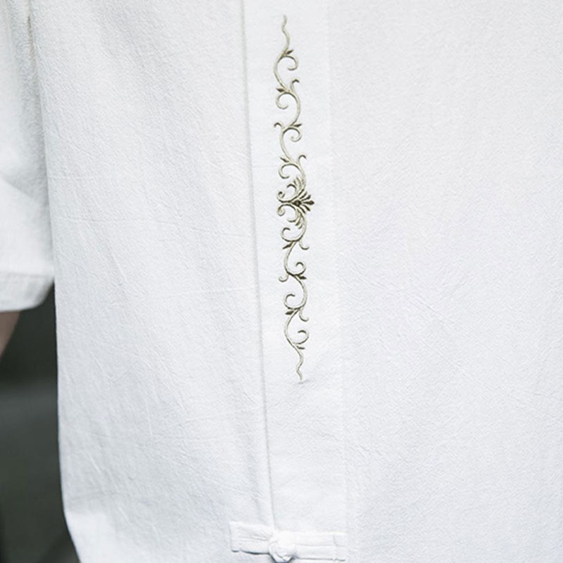 Camisa de algodón para hombre de media manga con botones de rana y bordado en color liso de Buddha Stones - image 24