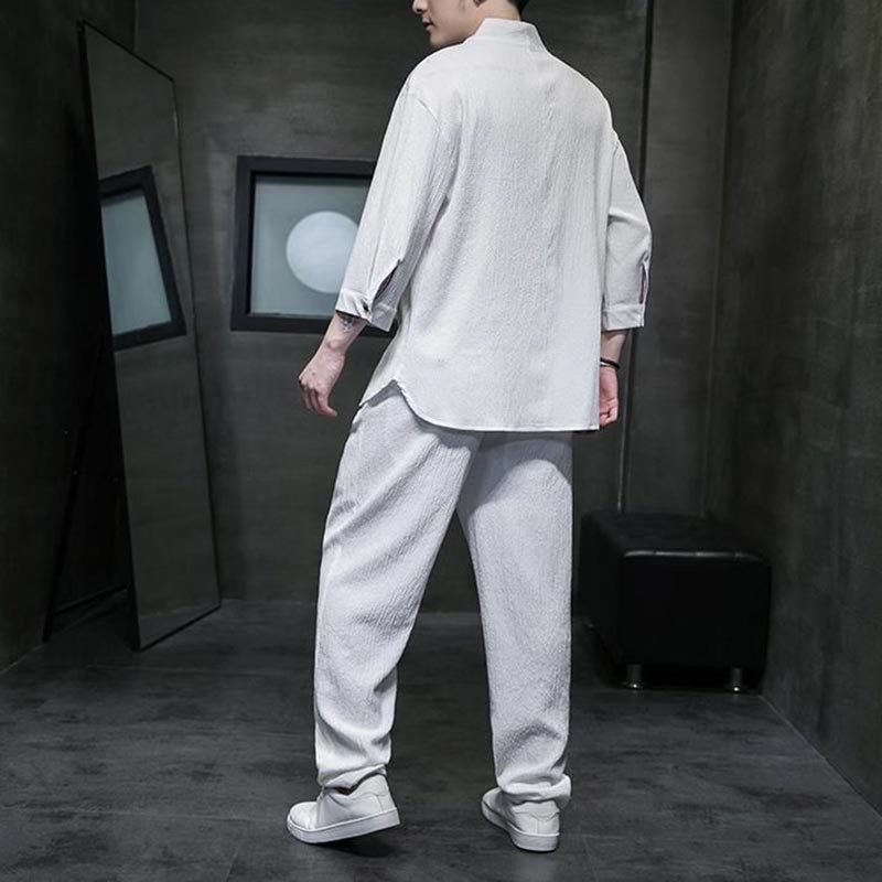 Conjunto de ropa para hombre de Buddha Stones: camisa de color sólido con cuello en V y manga tres cuartos, y pantalones casuales - image 2