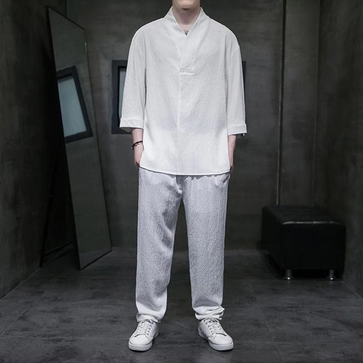 Conjunto de ropa para hombre de Buddha Stones: camisa de color sólido con cuello en V y manga tres cuartos, y pantalones casuales - Blanco - US/UK/AU44, EU54 (4XL) - image 0
