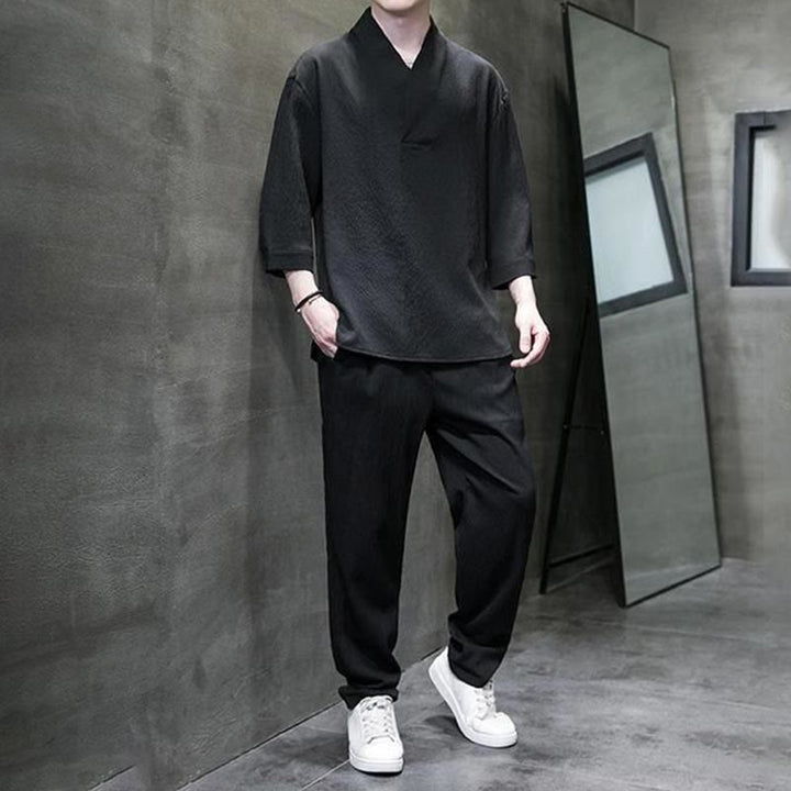 Conjunto de ropa para hombre de Buddha Stones: camisa de color sólido con cuello en V y manga tres cuartos, y pantalones casuales - image 17