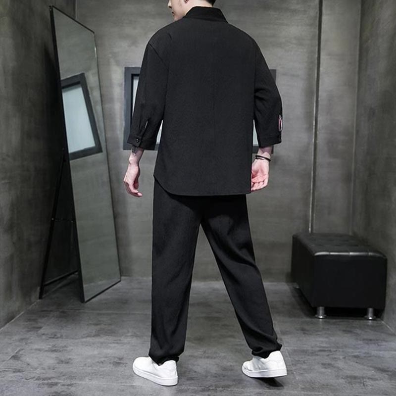 Conjunto de ropa para hombre de Buddha Stones: camisa de color sólido con cuello en V y manga tres cuartos, y pantalones casuales - image 9