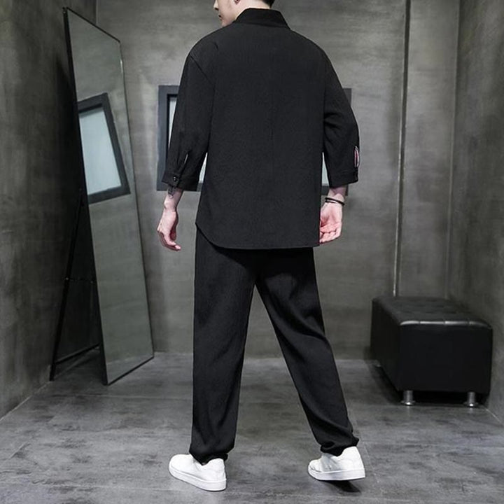 Conjunto de ropa para hombre de Buddha Stones: camisa de color sólido con cuello en V y manga tres cuartos, y pantalones casuales - image 9