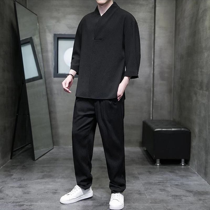 Conjunto de ropa para hombre de Buddha Stones: camisa de color sólido con cuello en V y manga tres cuartos, y pantalones casuales - image 8