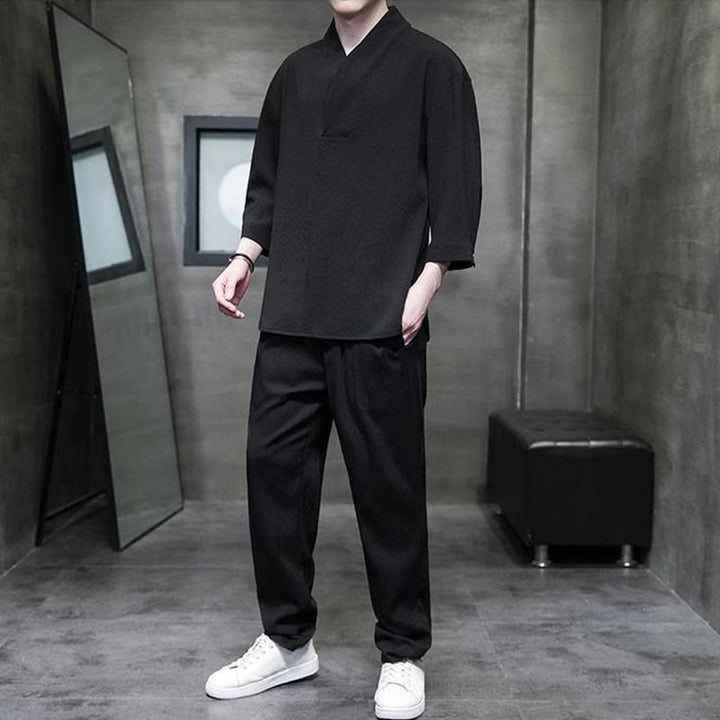 Conjunto de ropa para hombre de Buddha Stones: camisa de color sólido con cuello en V y manga tres cuartos, y pantalones casuales - image 8