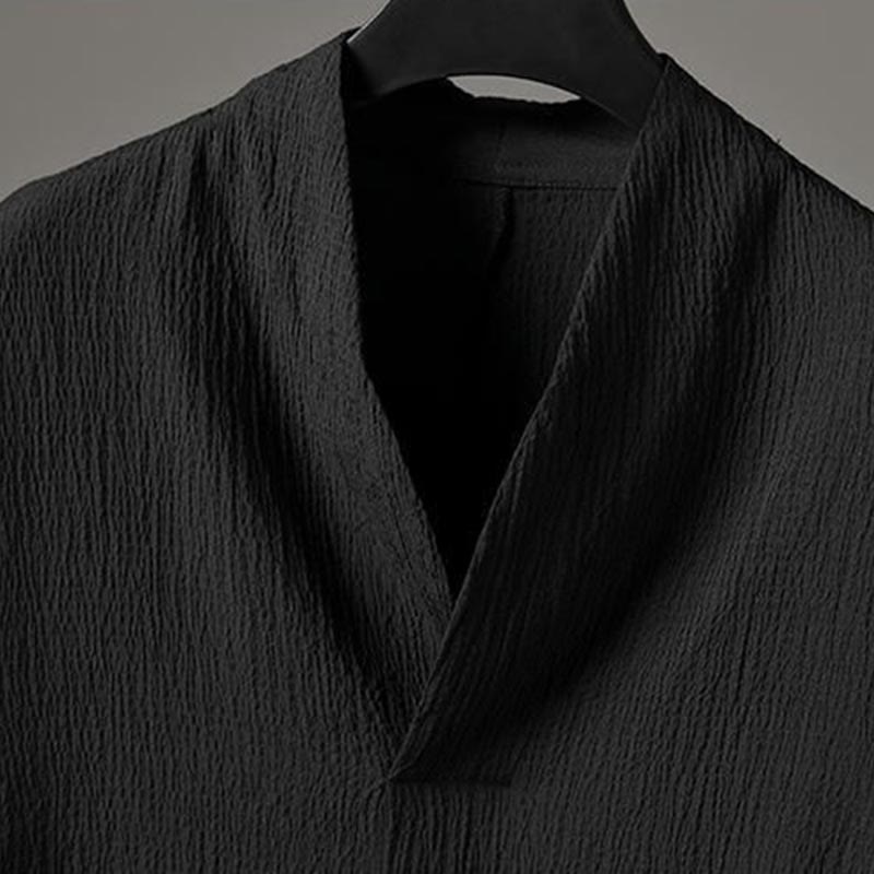 Conjunto de ropa para hombre de Buddha Stones: camisa de color sólido con cuello en V y manga tres cuartos, y pantalones casuales - image 12