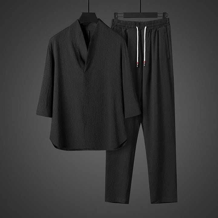 Conjunto de ropa para hombre de Buddha Stones: camisa de color sólido con cuello en V y manga tres cuartos, y pantalones casuales - image 11