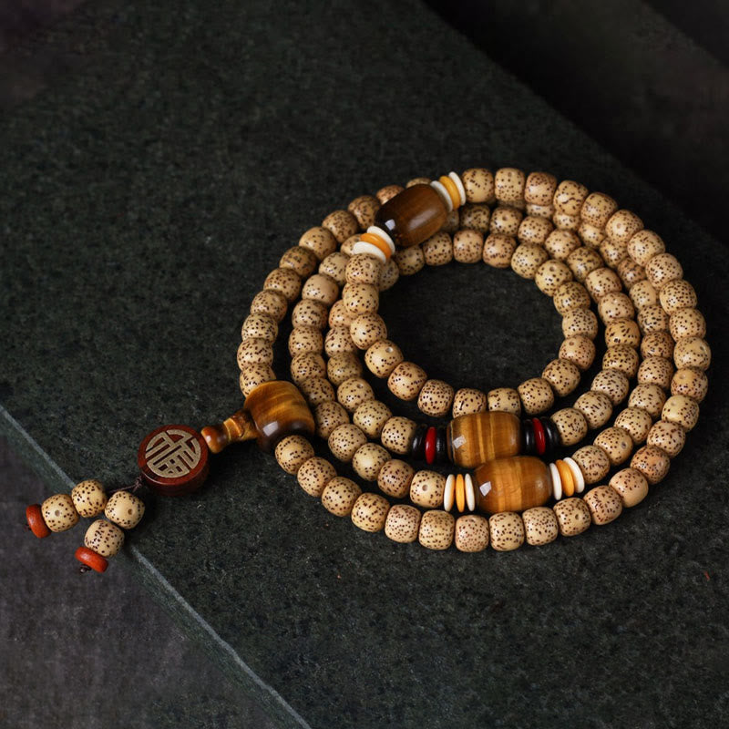 Buddha Stones 108 cuentas de mala semilla de Bodhi ojo de tigre carácter Fu pulsera de paz