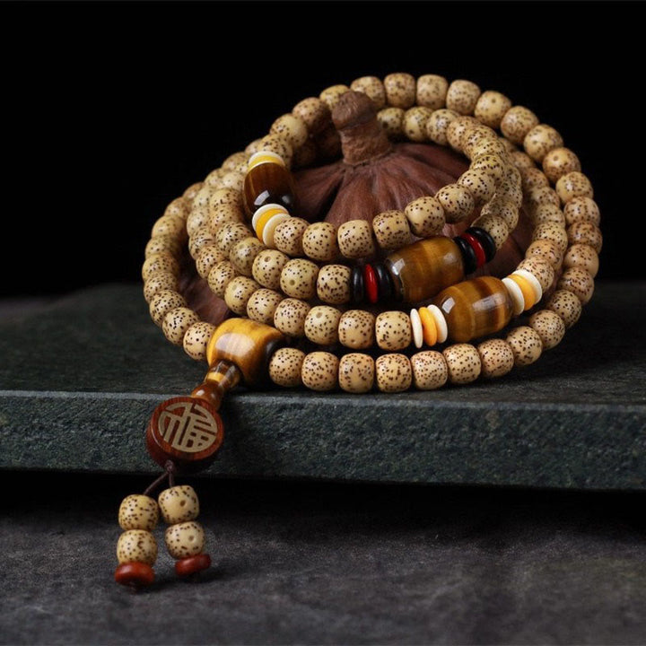 Buddha Stones 108 cuentas de mala semilla de Bodhi ojo de tigre carácter Fu pulsera de paz