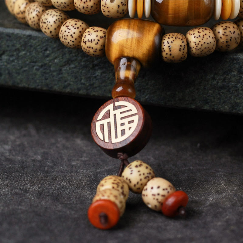 Buddha Stones 108 cuentas de mala semilla de Bodhi ojo de tigre carácter Fu pulsera de paz