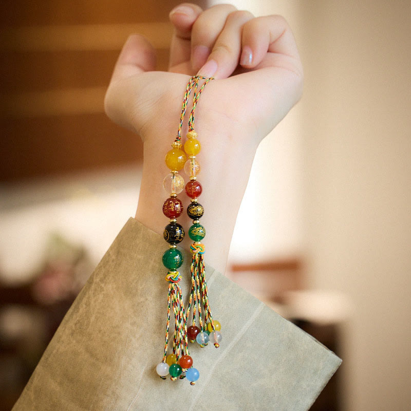 Piedras de Buda Hecho a Mano Tibetano Cinco Dioses de la Riqueza Diversos Ágatas Suerte Trenza Cuerda Decoración para Colgar en el Coche