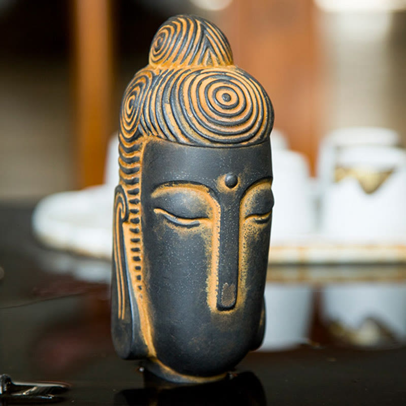 Buddha Stones Estatua de Buda Meditando con Ojos Cerrados de Resina Fundida con Óxido de Polvo de Hierro para Decoración del Hogar