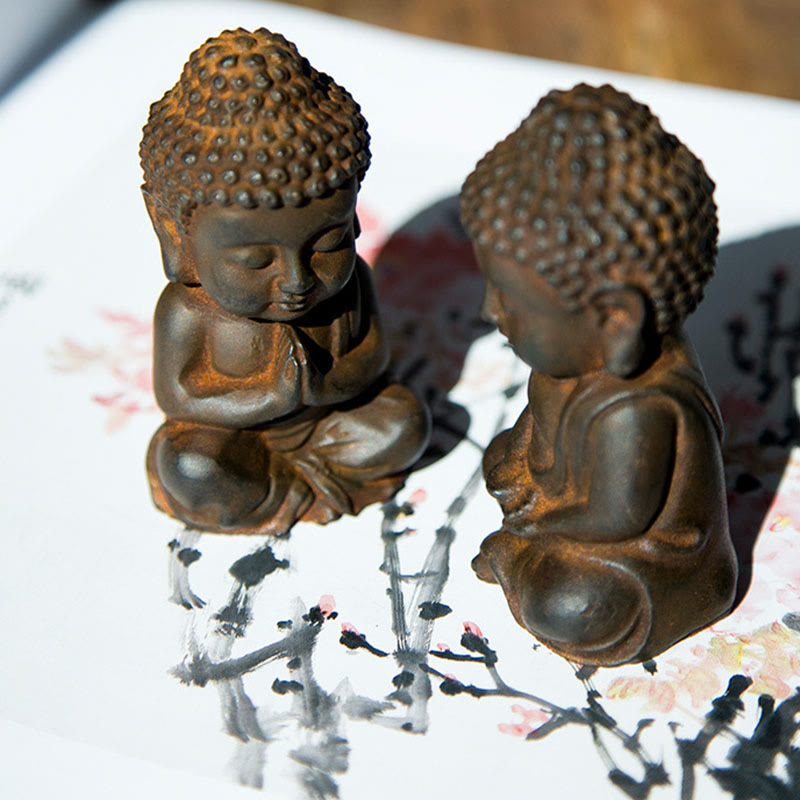 Buddha Stones Estatua de Decoración de Buda Sakyamuni Pequeña Hecha a Mano de Resina Fundida con Óxido de Polvo de Hierro