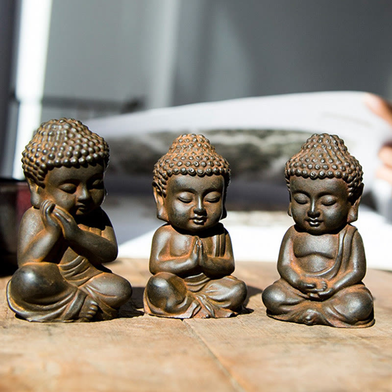Buddha Stones Estatua de Decoración de Buda Sakyamuni Pequeña Hecha a Mano de Resina Fundida con Óxido de Polvo de Hierro