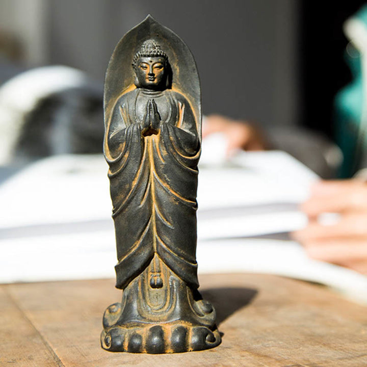 Buddha Stones Estatua de Resina de Polvo de Hierro Oxidado Hecha a Mano de Buda Sakyamuni Namaste