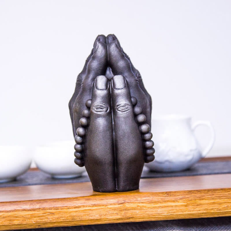Buddha Stones Estatuilla Hecha a Mano de Buda Mano Namaste Óxido de Polvo de Hierro Resina Fundida Decoración