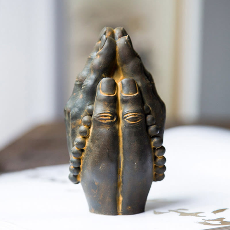 Buddha Stones Estatuilla Hecha a Mano de Buda Mano Namaste Óxido de Polvo de Hierro Resina Fundida Decoración