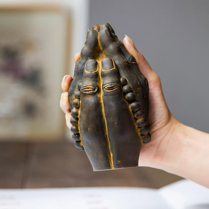 Buddha Stones Estatuilla Hecha a Mano de Buda Mano Namaste Óxido de Polvo de Hierro Resina Fundida Decoración