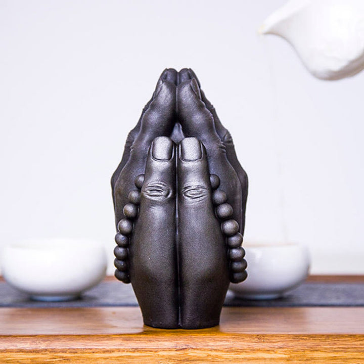 Buddha Stones Estatuilla Hecha a Mano de Buda Mano Namaste Óxido de Polvo de Hierro Resina Fundida Decoración