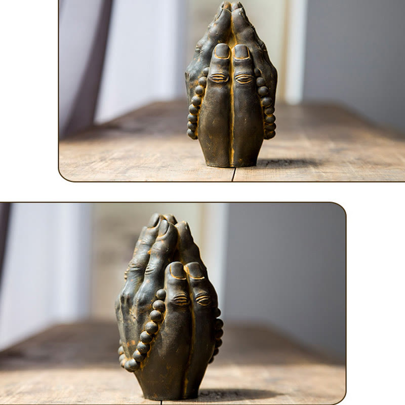 Buddha Stones Estatuilla Hecha a Mano de Buda Mano Namaste Óxido de Polvo de Hierro Resina Fundida Decoración