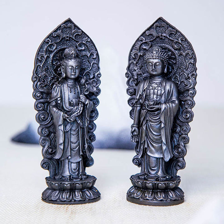 Buddha Stones Hecha a Mano Amitabha Guanyin Avalokitesvara Mahasthamaprapta Polvo de Hierro Óxido Estatua de Resina Fundida Decoración