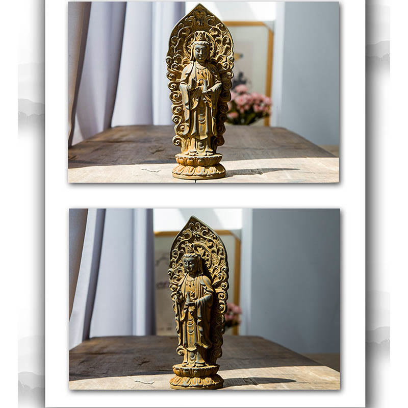 Buddha Stones Hecha a Mano Amitabha Guanyin Avalokitesvara Mahasthamaprapta Polvo de Hierro Óxido Estatua de Resina Fundida Decoración