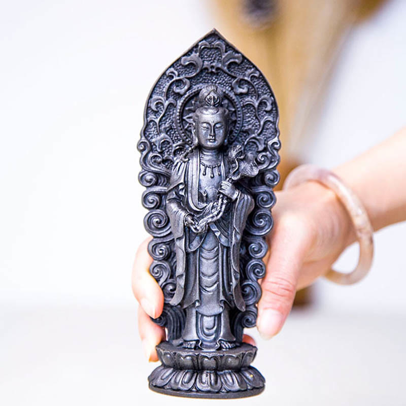 Buddha Stones Hecha a Mano Amitabha Guanyin Avalokitesvara Mahasthamaprapta Polvo de Hierro Óxido Estatua de Resina Fundida Decoración