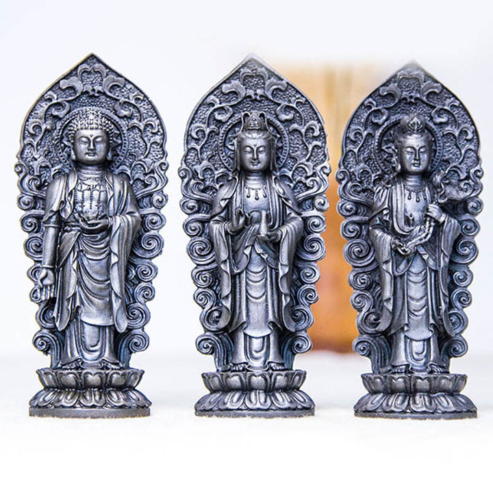 Buddha Stones Hecha a Mano Amitabha Guanyin Avalokitesvara Mahasthamaprapta Polvo de Hierro Óxido Estatua de Resina Fundida Decoración