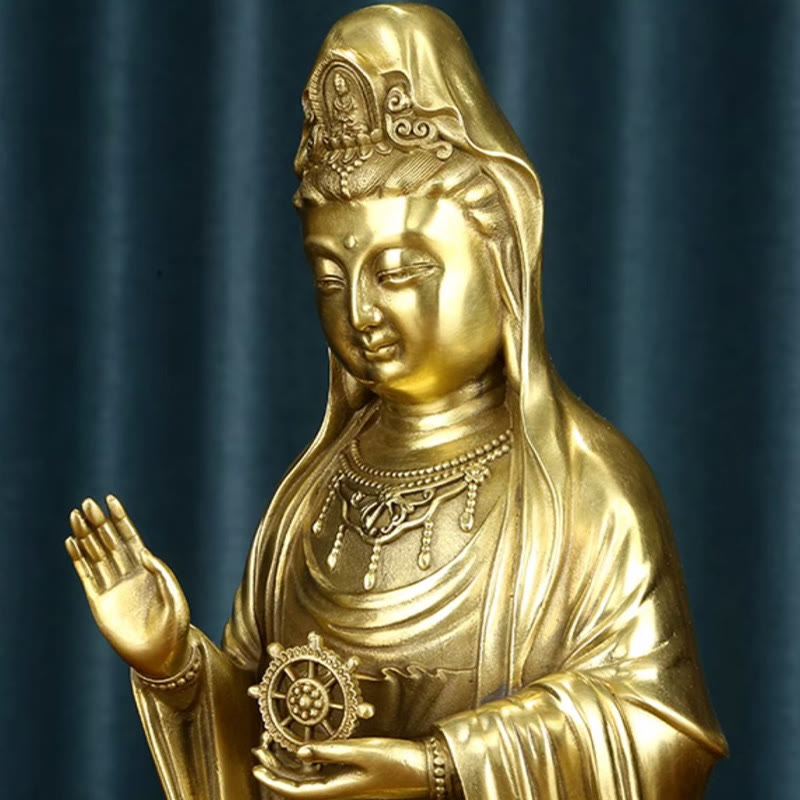 Buddha Stones Kwan Yin Avalokitesvara Sosteniendo La Rueda Del Dharma Estatua De Riqueza De Latón Y Cobre Decoración