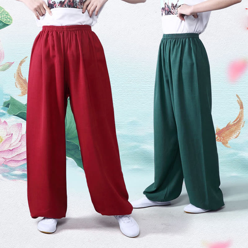 Buddha Stones Pantalones unisex de algodón y lino con cintura elástica para la práctica de Tai Chi y Qigong en verano - image 14