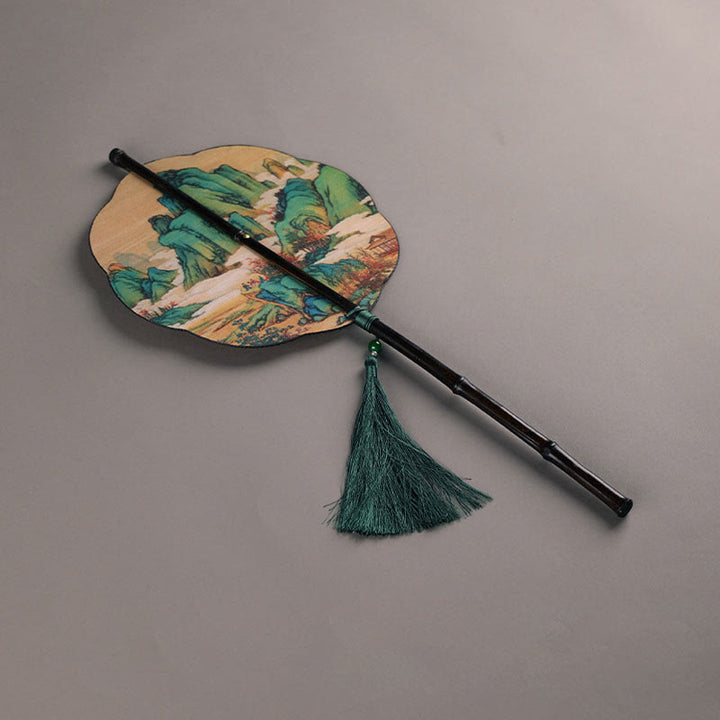 Buddha Stones Abanico Portátil Enrollable de Mango Largo hecho a Mano de Bambú con Mil Millas de Ríos y Montañas