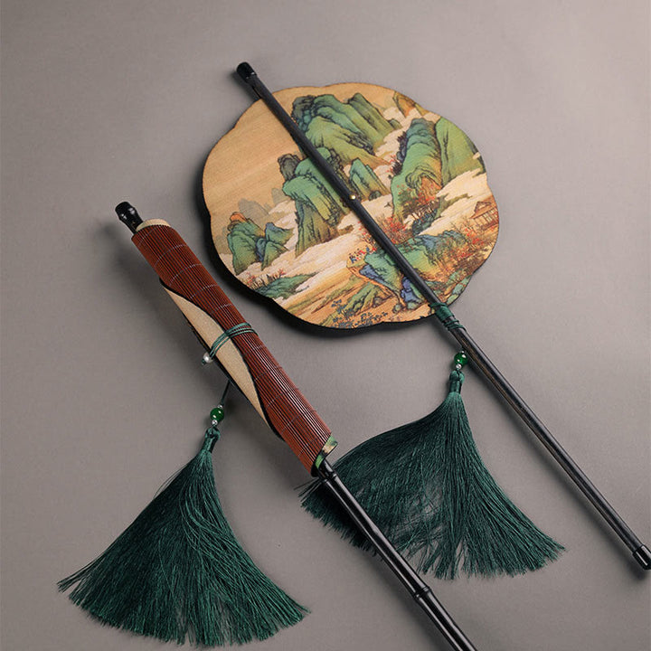 Buddha Stones Abanico Portátil Enrollable de Mango Largo hecho a Mano de Bambú con Mil Millas de Ríos y Montañas