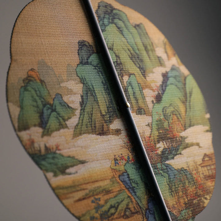 Buddha Stones Abanico Portátil Enrollable de Mango Largo hecho a Mano de Bambú con Mil Millas de Ríos y Montañas