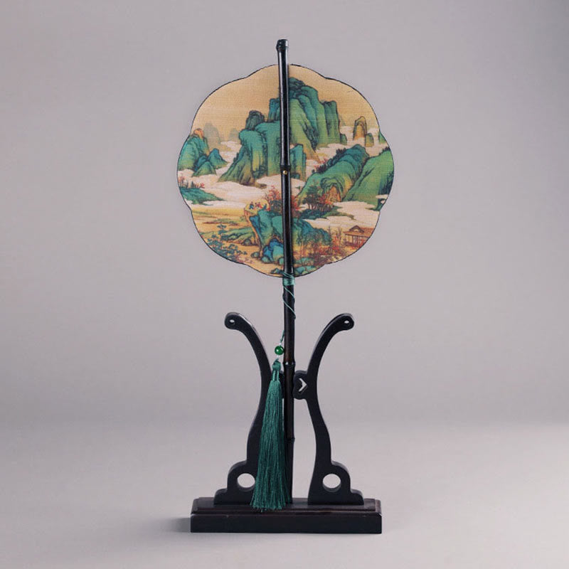 Buddha Stones Abanico Portátil Enrollable de Mango Largo hecho a Mano de Bambú con Mil Millas de Ríos y Montañas