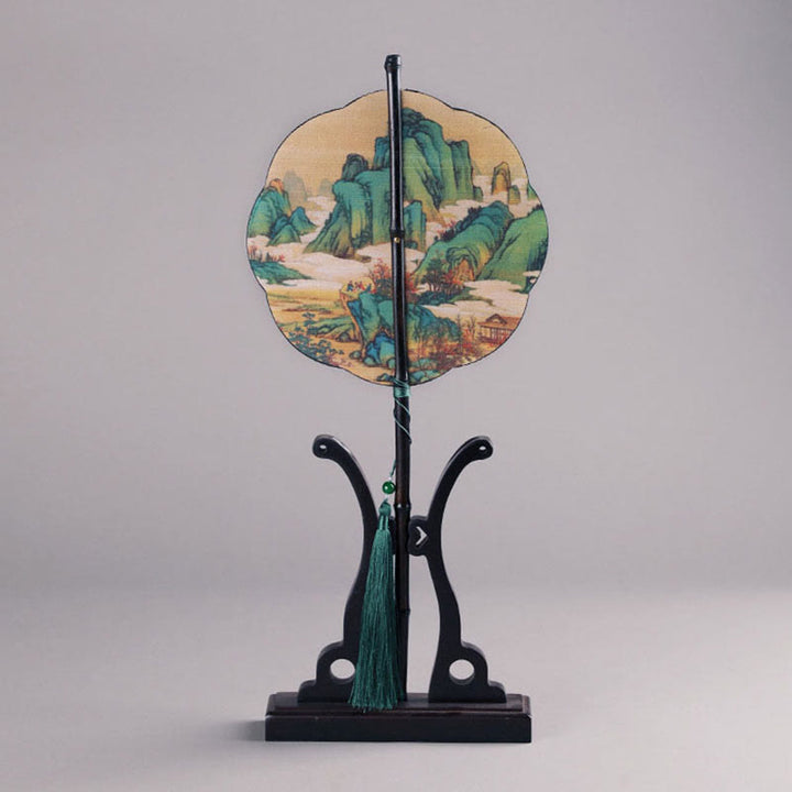 Buddha Stones Abanico Portátil Enrollable de Mango Largo hecho a Mano de Bambú con Mil Millas de Ríos y Montañas