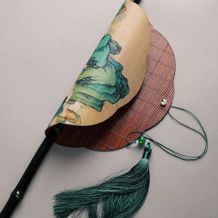 Buddha Stones Abanico Portátil Enrollable de Mango Largo hecho a Mano de Bambú con Mil Millas de Ríos y Montañas