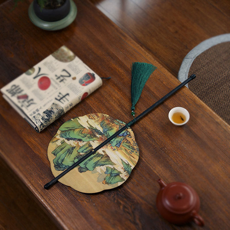 Buddha Stones Abanico Portátil Enrollable de Mango Largo hecho a Mano de Bambú con Mil Millas de Ríos y Montañas