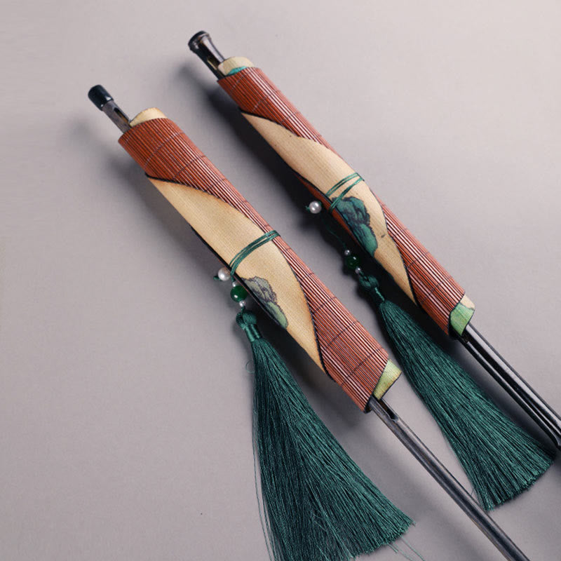 Buddha Stones Abanico Portátil Enrollable de Mango Largo hecho a Mano de Bambú con Mil Millas de Ríos y Montañas