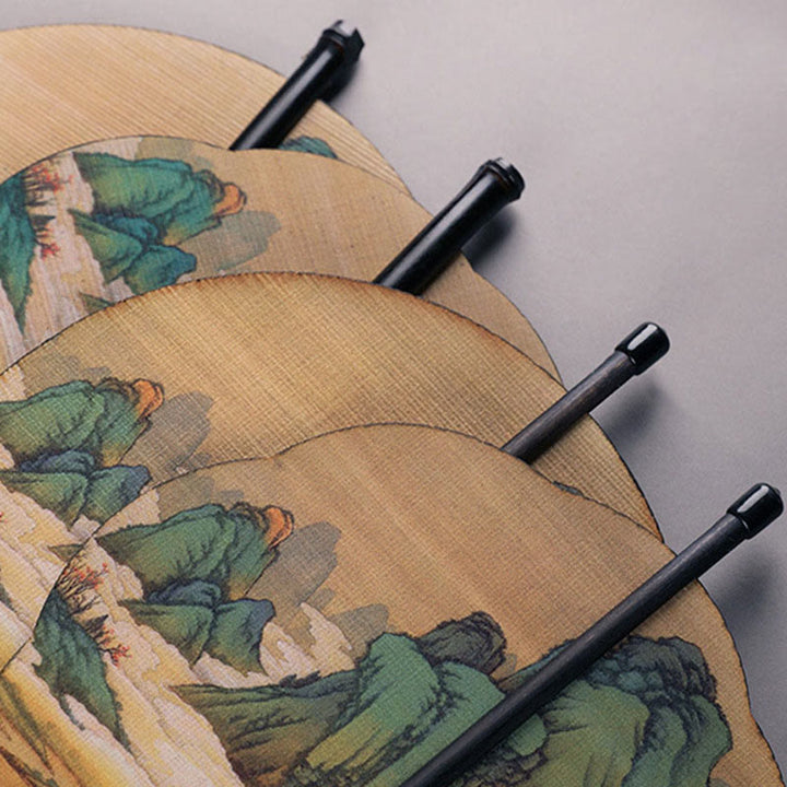 Buddha Stones Abanico Portátil Enrollable de Mango Largo hecho a Mano de Bambú con Mil Millas de Ríos y Montañas