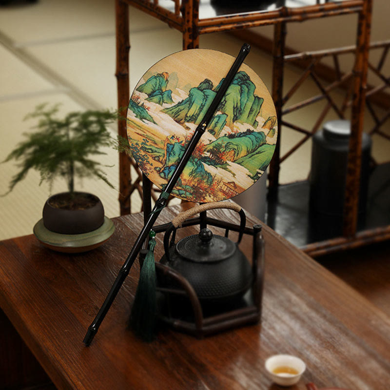 Buddha Stones Abanico Portátil Enrollable de Mango Largo hecho a Mano de Bambú con Mil Millas de Ríos y Montañas